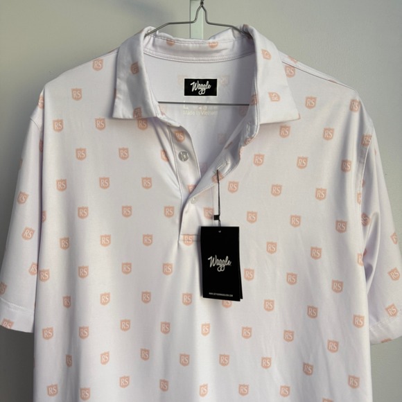 Waggle Golf Polo Shirt Mens‎ Large White Pink RS Shield Pattern Short Sleeve - Picture 2 of 7
